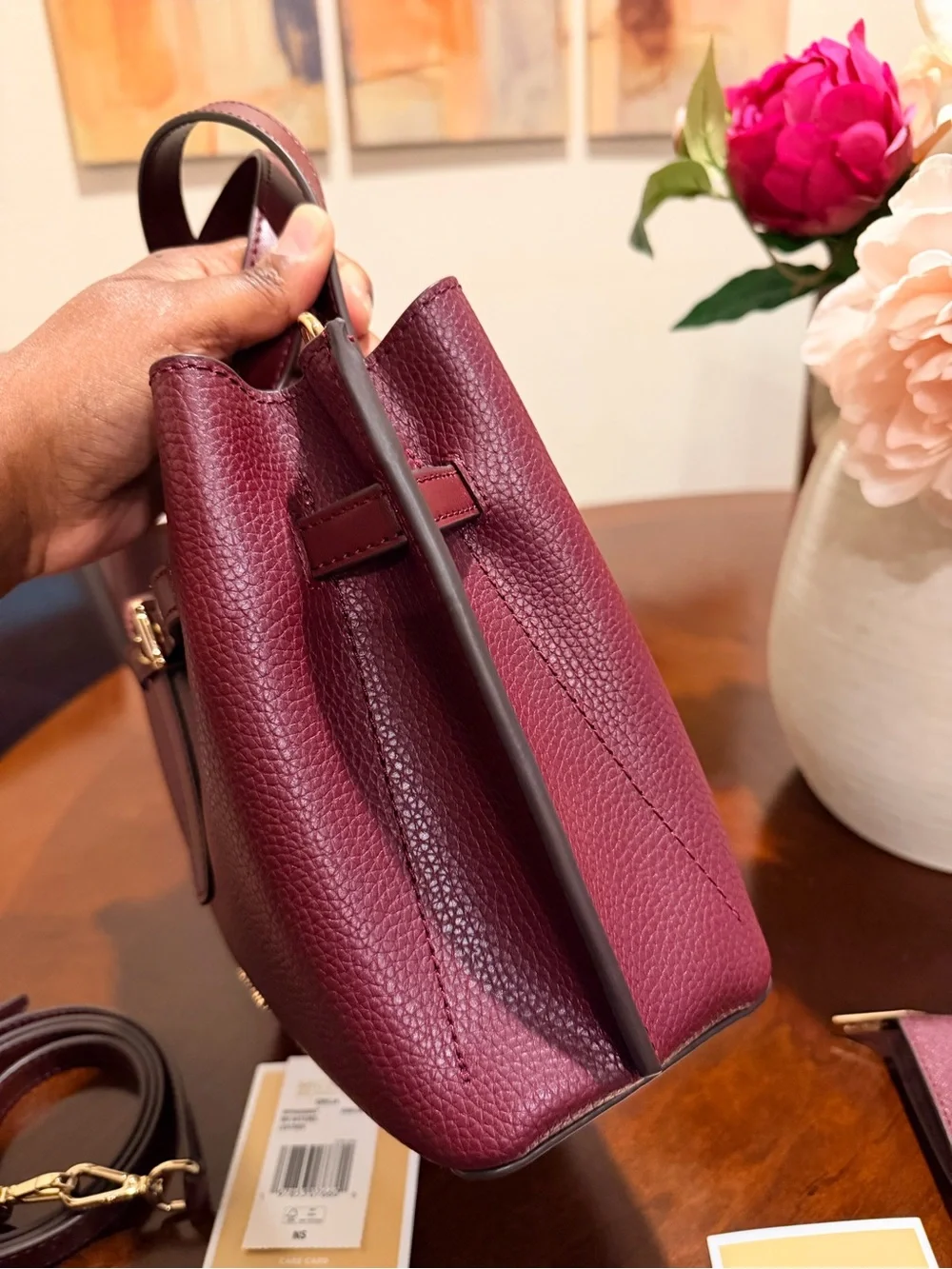 Michael Kors Pebbled Leather Satchel with Crossbody Strap & Card Case in Oxblood